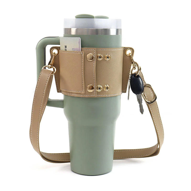 Description Picture 3 of itemWater Bottle Handle Shoulder Strap Universal Water Bottle Carrier Travel PU Leather Coffee Mug Holder for 30oz/40oz Cup