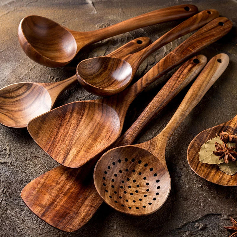 Description Picture 2 of item1~9PCS Thailand Teak Natural Wood Tableware Spoon Ladle Turner Long Rice Colander Soup Skimmer Cooking Spoons Scoop Kitchen Tool