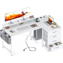 ODK 55 Inch L Shaped Computer Desk with USB Charging Port & Power Outlet, L-Shaped Corner Desk（Vintage/White）optional