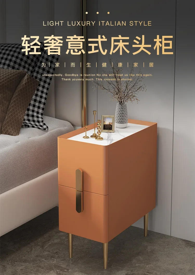 Description Picture 2 of itemNordic Style  Bedside Table Modern Mini Narrow Rock Surface Nightstand Self-Contained 2 Drawers Wooden Bedroom Tables