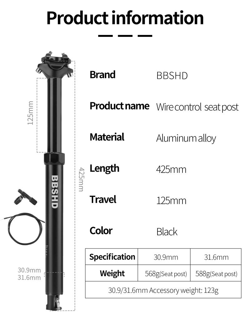 Description Picture 3 of itemBBSHD Bike Dropper Seat Post 30.9/31.6/27.2x425mm Internal Routing Cable Remote Wire Control Lift Seat Tube Mtb Seatpost