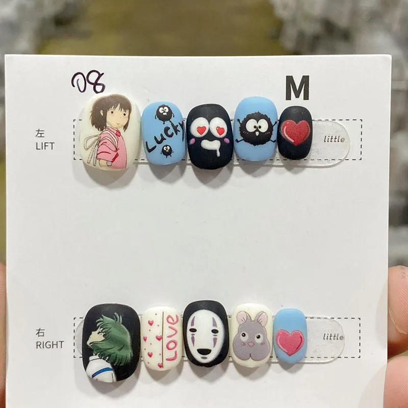 Description Picture 3 of itemBlue Expensive Press on Nail Short Manicure Pre Decorated Full Cover Black Fake Nails With Heart Wearable Handmade Finger Nail
