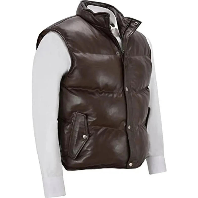 Description Picture 4 of itemLeather Jacket Padded Puffer Vest Men's Genuine Real Lambskin Brown Jacket Coat