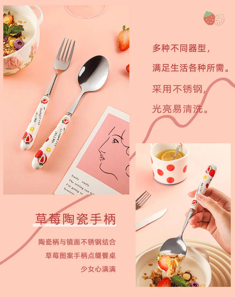 Description Picture 5 of itemStainless Steel Tableware Cute Cartoon Girl Heart Strawberry Ceramic Handle Main Dinner Knife Fork Spoon Kitchen Items
