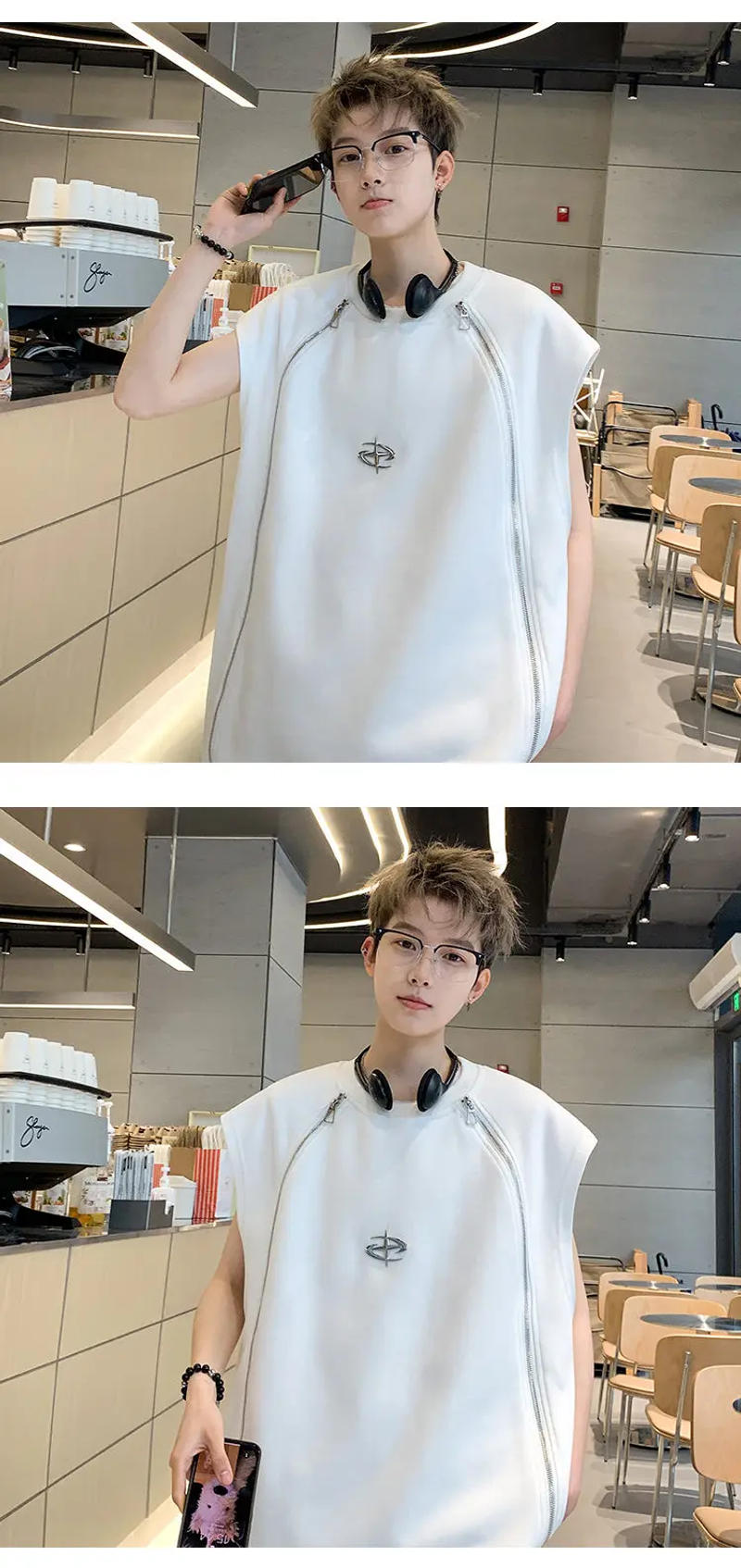 Description Picture 6 of itemFEWQ Men Shoulder Pad T-shirt Darkwear Summer New Top Zipper Design 2024 Metal Decoration Sleeveless Vest Korean Fashion