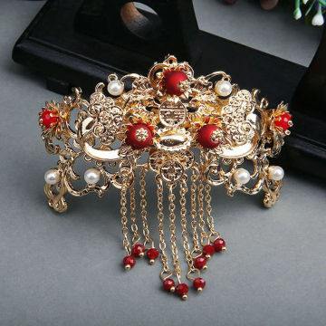 2pcs Traditional Hair Clip Side Comb Wedding Bride Headwear Chinese Japanese Style Accessories Wedding Jewelry Hair Clip Red