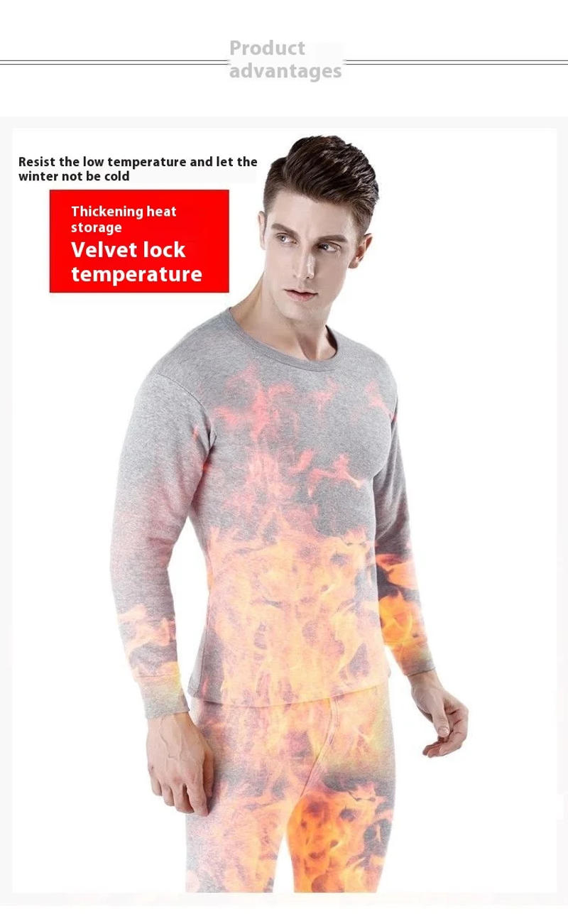 Description Picture 6 of itemMen Padded Thermal Underwear Set of Large Size Bottoming Slimming Autumn Clothes and Trousers Easy to Wash Solid-Colour O-Neck