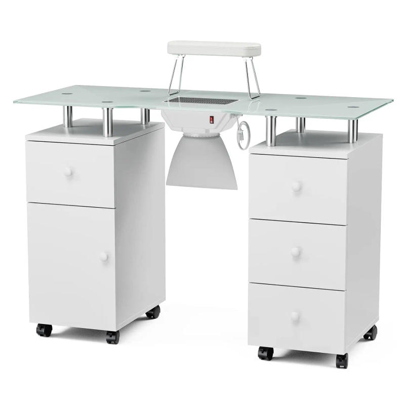 Description Picture 2 of itemPaddie Manicure Table with Glass Top, Foldable Arm Rest, Lockable Wheels, Storage Drawers for Nail Tech - White
