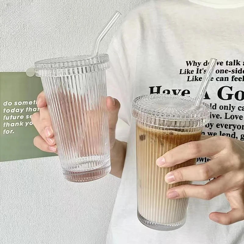 Description Picture 4 of item375Ml Stripe Glass Cup with Lid Straw Japanese Style Drinking Chic Mugs Milk Coffee Drinkware Tea Birthday Gifts whiskey Glasses