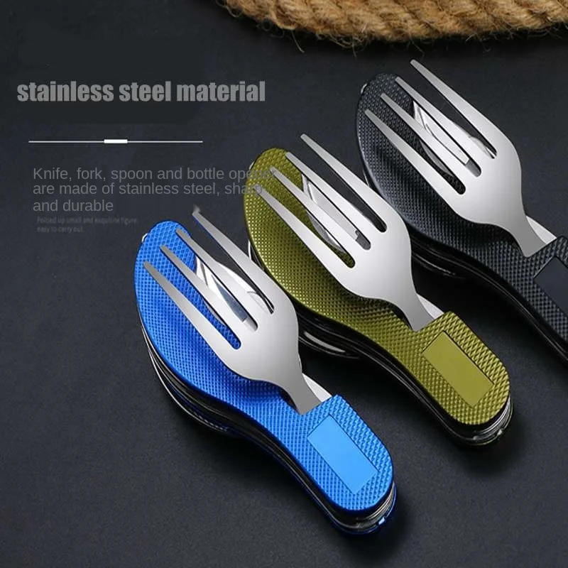 Description Picture 5 of itemTablespoon Set 4 In 1 Foldable Spoon Knife fork bottle opener Stainless Steel Folding Pocket Kits Outdoor Tableware Set