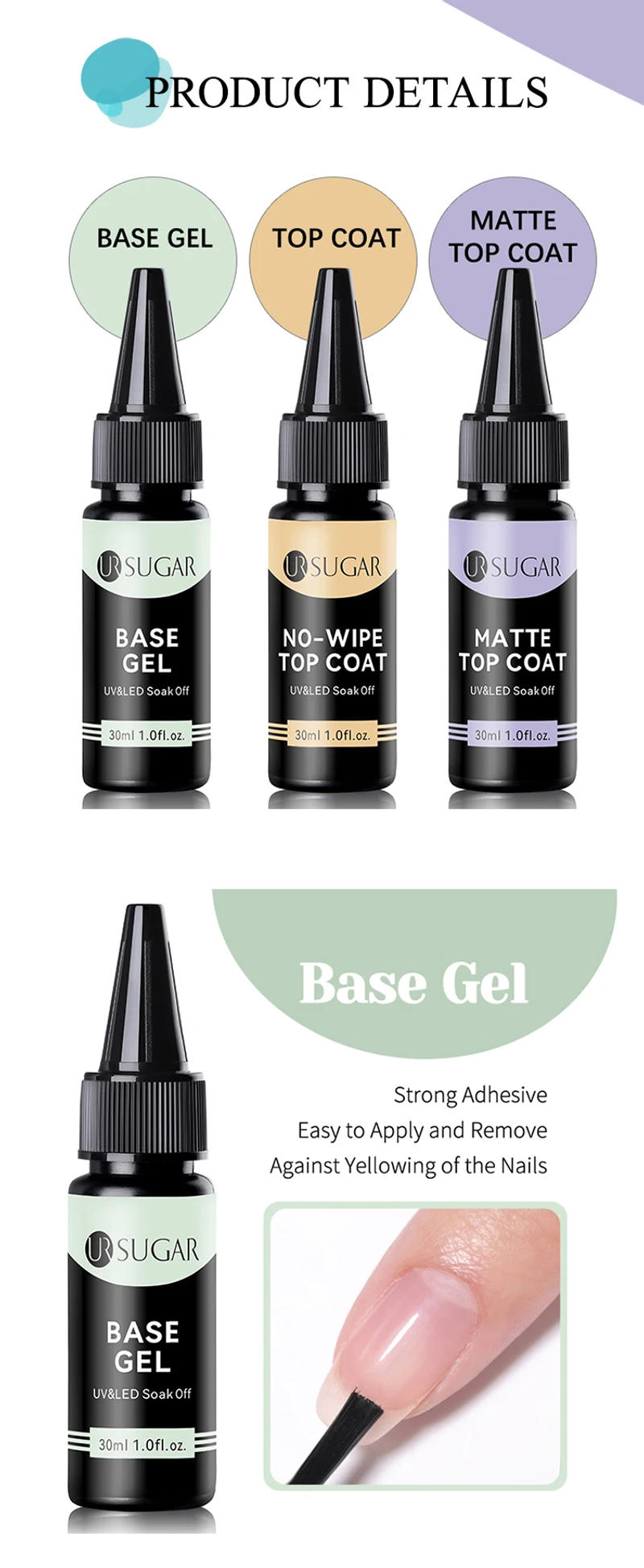 Description Picture 3 of itemUR SUGAR 30ML Base Gel No Wipe Top Coat Nail Art Soak Off UV LED Matte Top Coat Nail Gel Polish Manicure Functional Gel Varnish