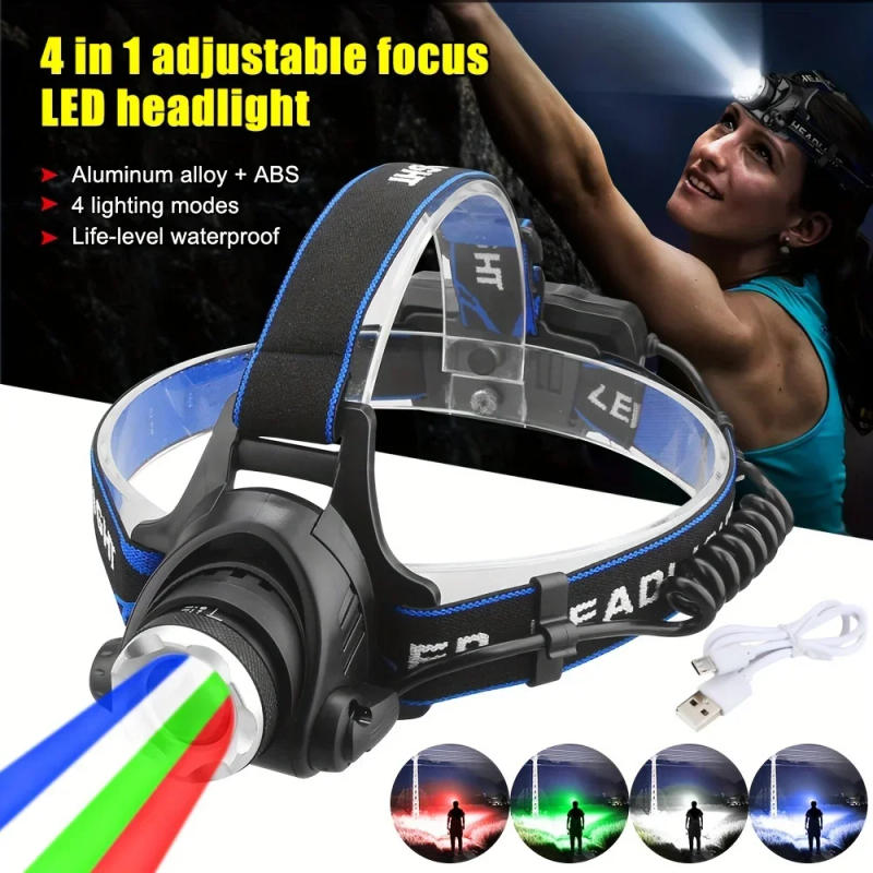 Description Picture 2 of itemPowerful 4 In 1 LED Headlamp Red/Green/White/Blue Light Rechargeable Zoomable Headlight Head Flashlight with Adjustable Beam