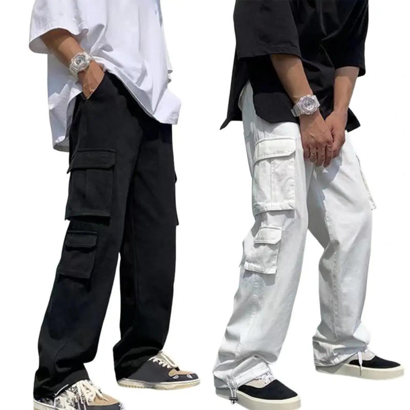 Description Picture 3 of itemTrendy Cargo Pants Vintage Straight Wide Leg Solid Color Casual Trousers Multi Pockets Lightweight Casual Pants Streetwear