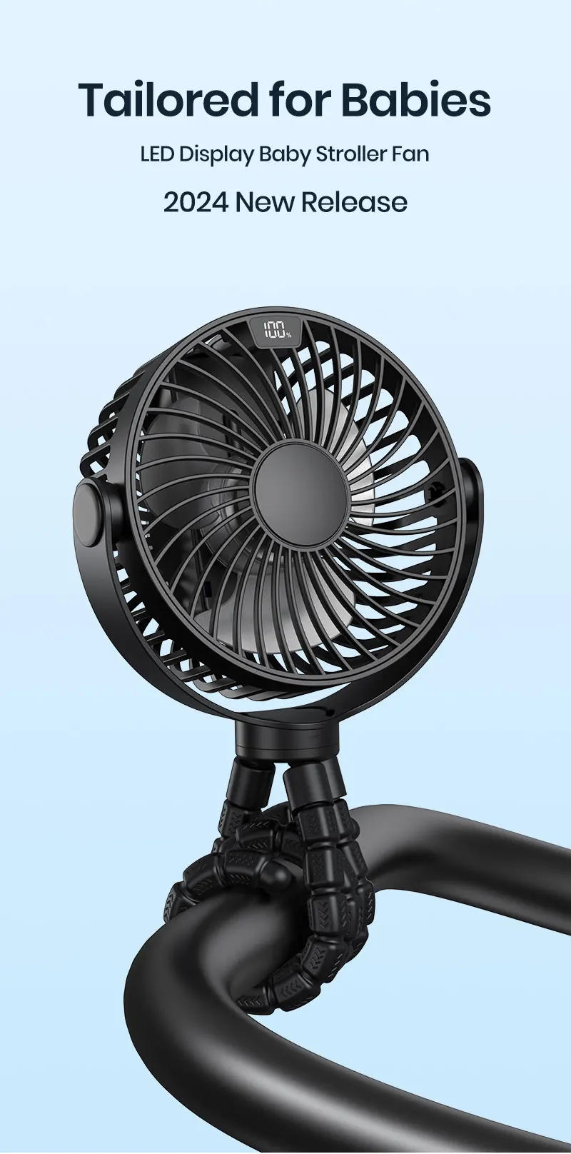 Description Picture 2 of itemTOPK LED Display Portable Stroller Fan,5000mAh Mini Clip Fan,4 Speed Rechargeable Small Personal Fan Handheld Desk Cooling Fan