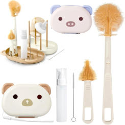 Silicone Baby Bottle Brush Set with Portable Storage Box Animal Design Foldable Bottle Cleaning Kit Bottle & Teat Cleaning Tool