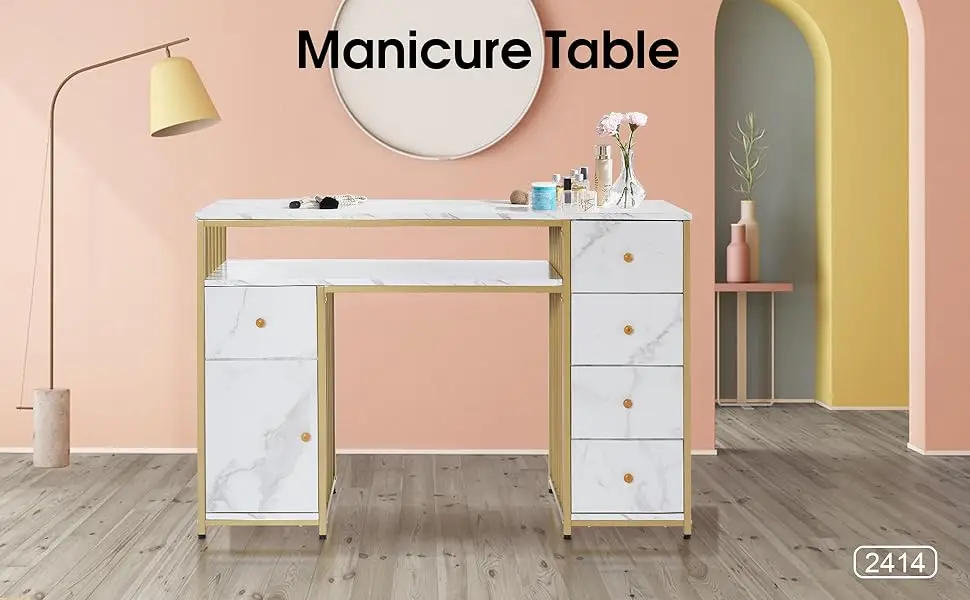 Description Picture 2 of itemBarberPub Nail Desk with Storage Cabinet Manicure Table with 5 Drawers Makeup Storage Home Beauty Salon Spa Workstation