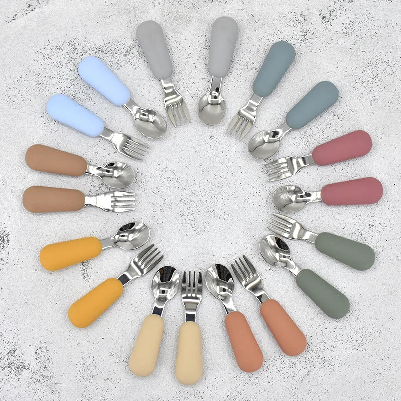 Description Picture 2 of itemBaby Tableware Set Children Utensil Stainless Steel Toddler Dinnerware Cutlery Solid Color Infant Food Feeding Spoon Fork