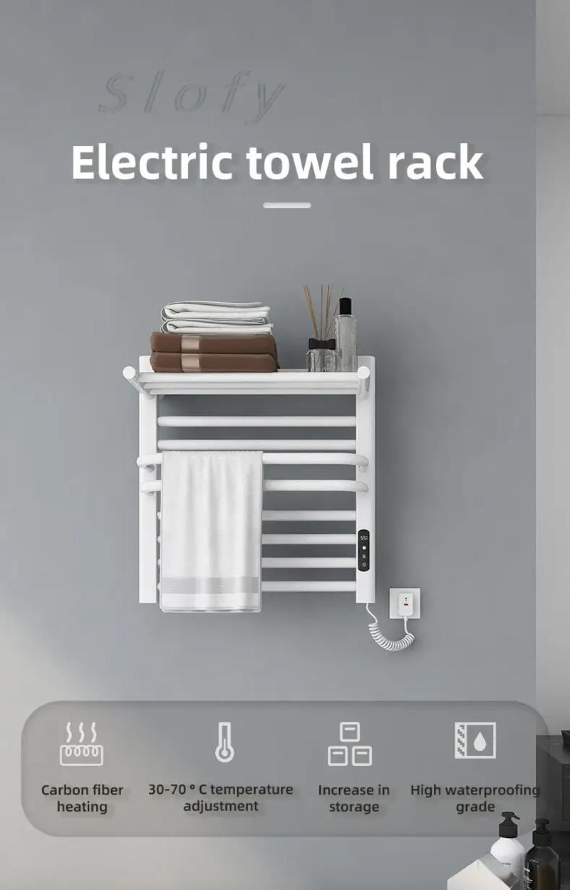 Description Picture 2 of itemElectric Heated Towel Rack Wall Mounted Drying Rack Towel Warmer with Top Shelf for Bathroom Heated Towel Warmer Heater Plug-in