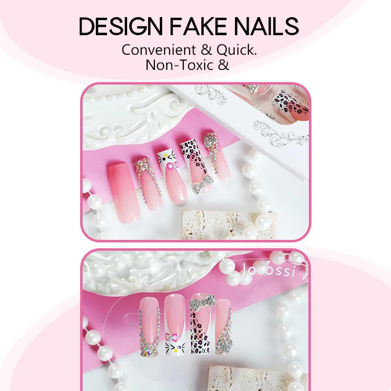 Description Picture 5 of item24pcs Long Press on Nails HelloKitty Design with Rhinestones Acyrlic False Nails Coffin White French Wearable Fake Nail Tips Art