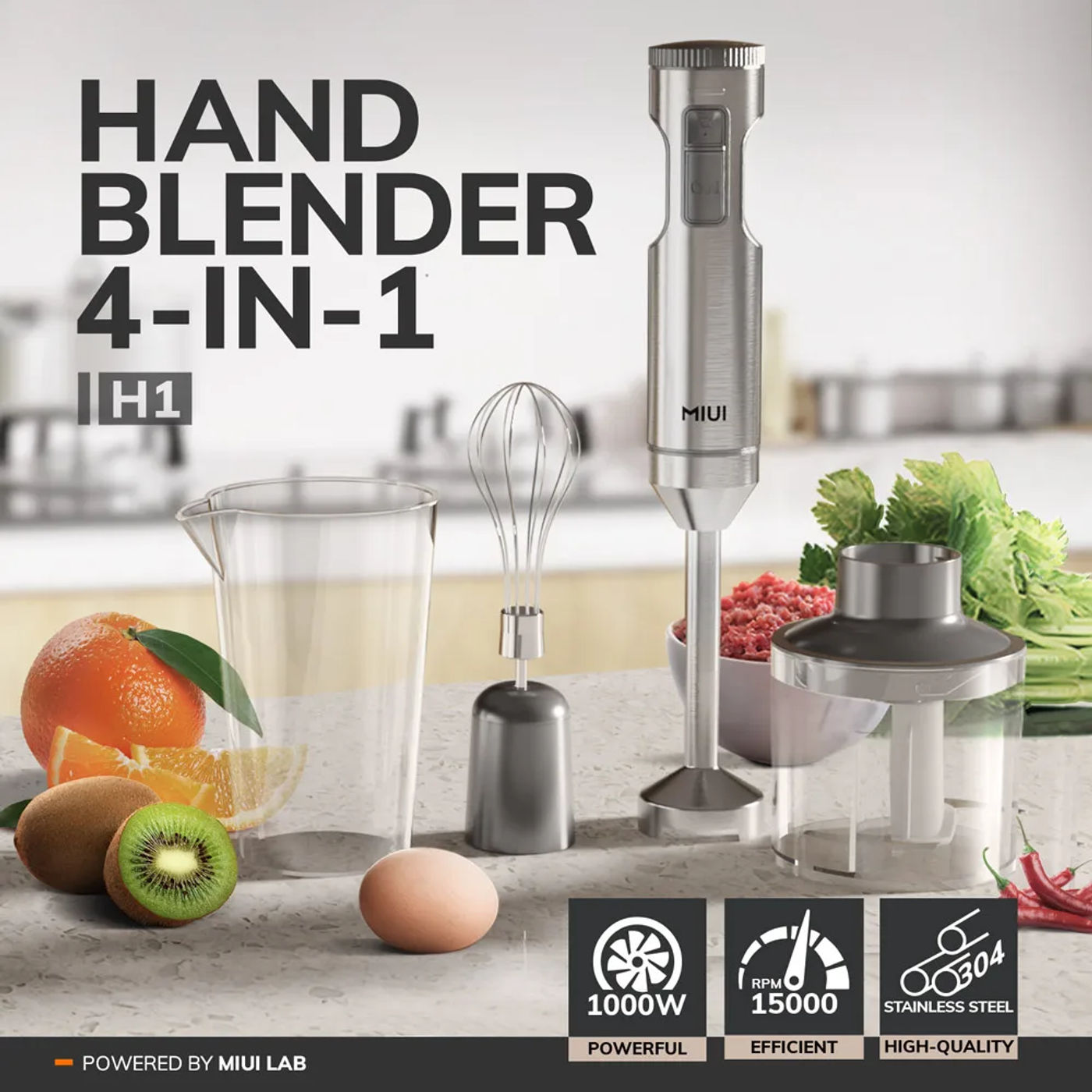 Description Picture 2 of itemMIUI Hand Immersion Blender 1000W Powerful 4-in-1,Stainless Steel Stick Food Mixer,700ml Mixing Beaker,500ml Processor,Whisk