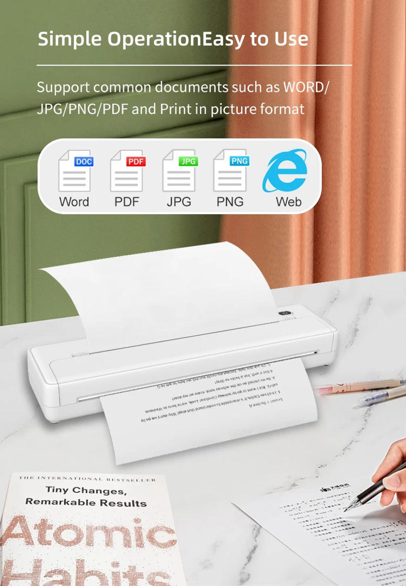 Description Picture 2 of itemInkless Thermal Printer BluetoothA4 203dpi Mini Portable Rechargeable Inkless Thermal Printer for School OfficeWork Home Print