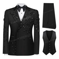 Luxury 3 Pieces Men's Suits Jewel Decoraction Jacket Vest Pants Suit for Party Prom Wedding Groom