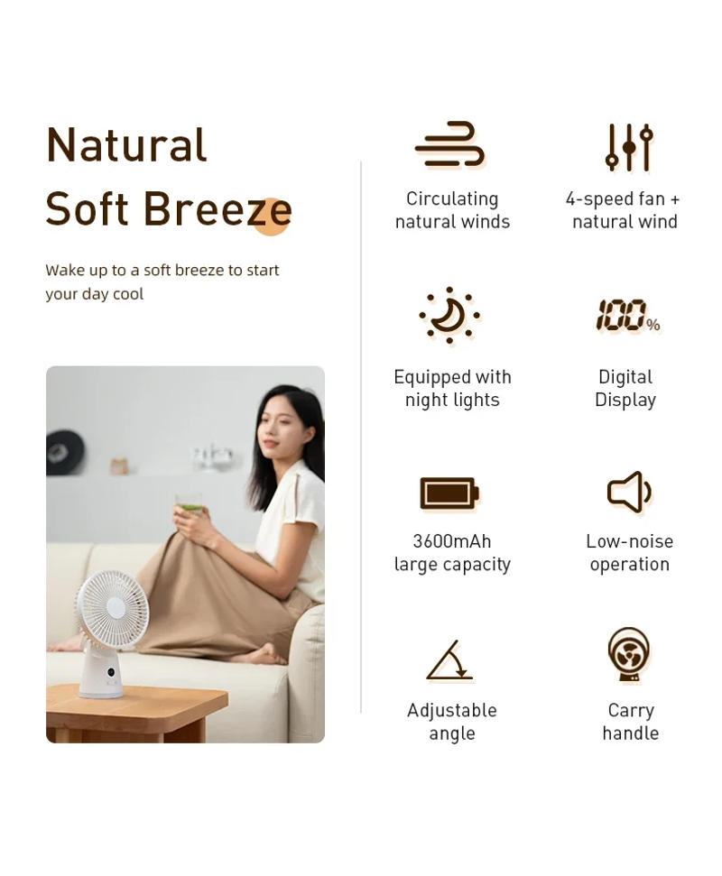 Description Picture 3 of itemVissko USB Desk Fan Strong Airflow & Quiet Operation Three-Speed Wind Mini Table Fan 3600mAh for Home Office Bedroom