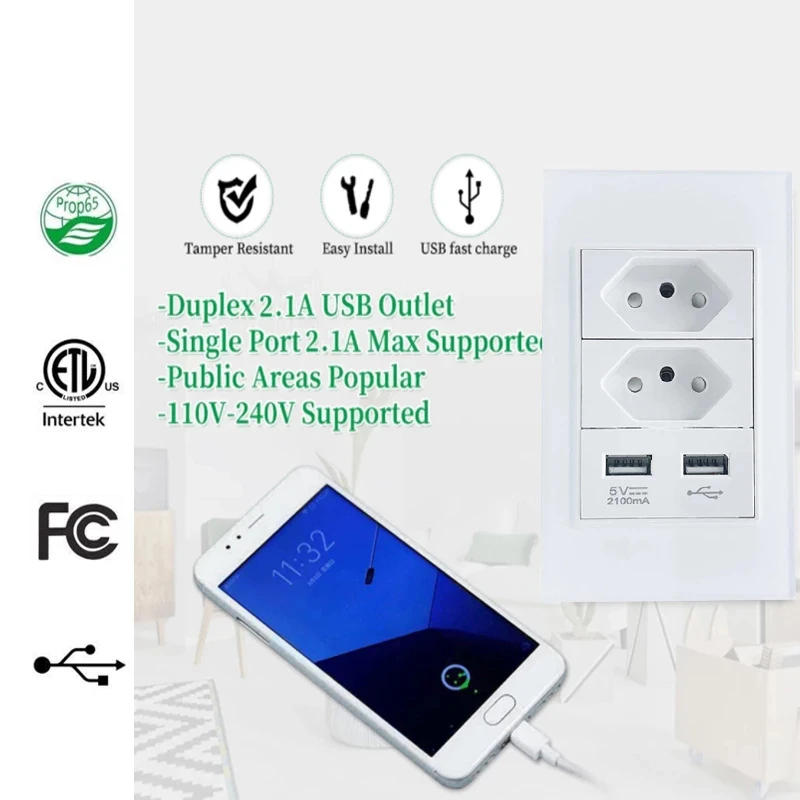 Description Picture 4 of itemBrazil Plug Wall Socket 20A USB Tomada&Type C Power Pressure SwitchTempered Plastic/Glass Panel Position Jack Outlet Home Office