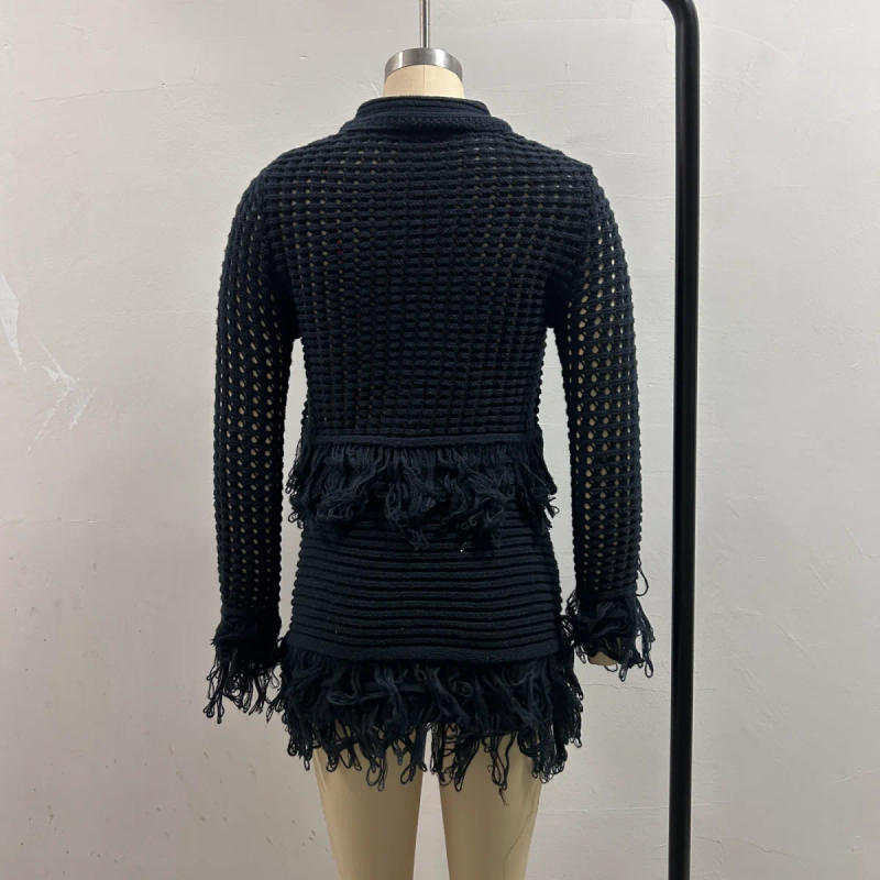 Description Picture 6 of itemTRAFZA 2025 Women Solid Lapel Button Fringe Decorate Long Sleeve Casual Top+Chic Elastic Waist Mini Skirt Knitted 2 Piece Set