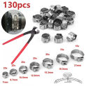 130PCS Single Ear Stepless Hose Clamps 304 Stainless Steel Ear Hose Clamps and Plier Assortment Kit for Water Pipe, Plumbing