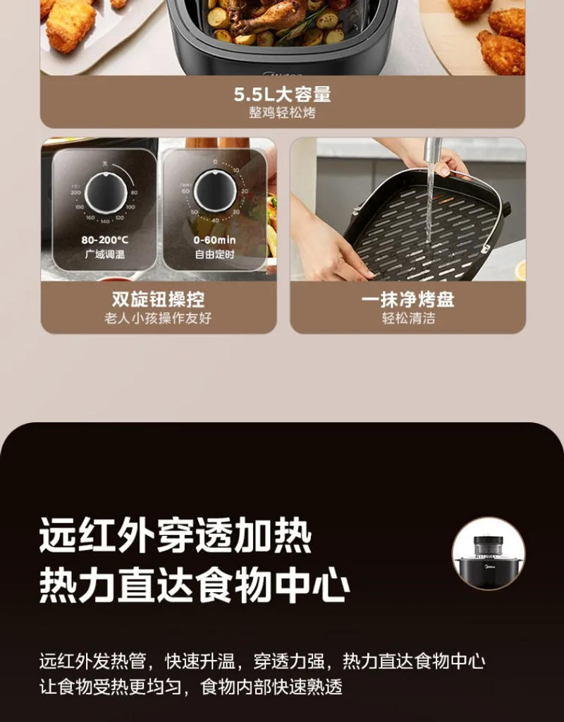 Description Picture 4 of itemMidea air fryer oven Low fat oil free Airfryer 6L Smart Visual Deep fryer Multi functiona Automatic air fryers Home appliances