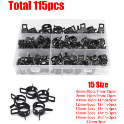 115Pcs Spring Band Hose Clamps Assortment kits Silicone Vacuum Hose Pipe Clamp 6-22mm Low Pressure Air Clip Clamp(Black)