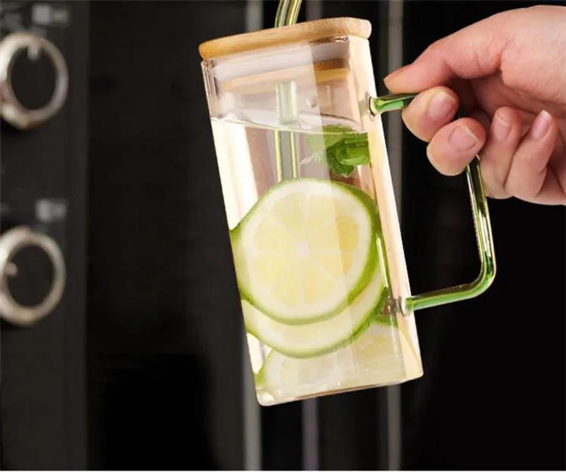 Description Picture 6 of item400ml Square Glass Mug With Lid and Straw Breakfast Milk Cup Microwave Safe Transparent Party Beer Coffee Mug Drinkware Glass
