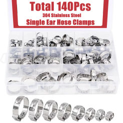 140PCS Single Ear Hose Clamps 5.8-21.0mm 304 Stainless Steel Crimp Hose Clamp Assortment Kit Securing Pipe Hoses and Automotive