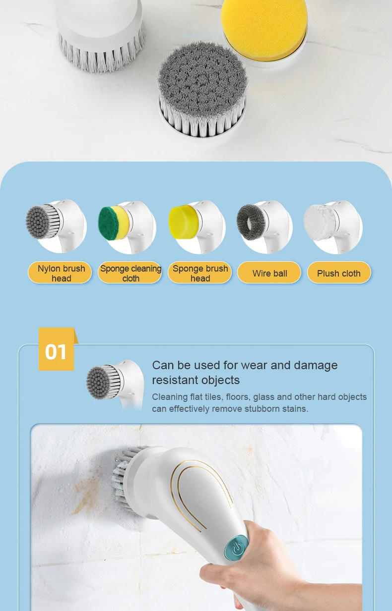 Description Picture 6 of itemHandheld Eectric Cleaning Brush Cordless Spin Scrubbe With 5 Replaceable Brush Heads USB Rechargeable 360Â°Power Scrubbe