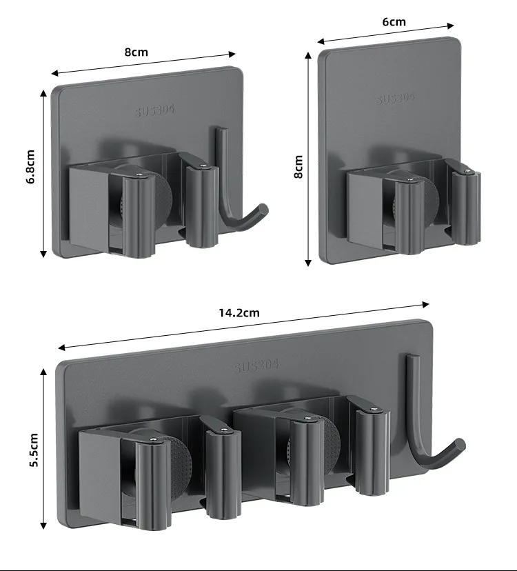 Description Picture 3 of itemNon perforated stainless steel mop holder, bathroom wall mounted broom mop, door storage, bathroom mop clip hook shelves storage