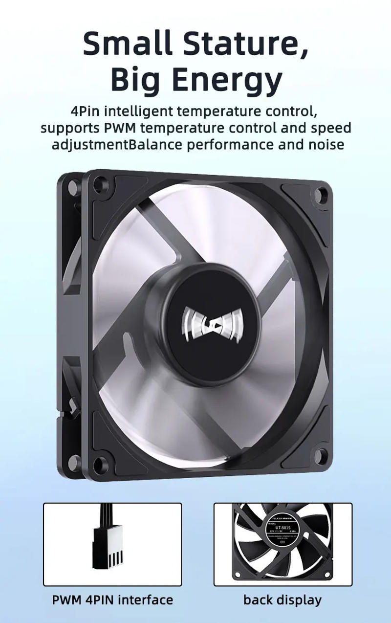 Description Picture 4 of itemTeucer UT-8015 8CM Chassis Fan Slim 15mm Thinckness 12V/4Pin PWM Hydraulic Bearing 1200-3000rpm PC Case Cooling Ventilator