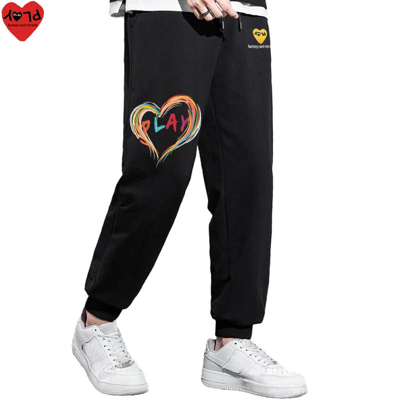 Description Picture 5 of itemMen Women Spring Autumn Pants Heart Embroidery Color Stripes Heart Letter Print Cotton Feet Elastic Bind Drawstring Pocket Pants