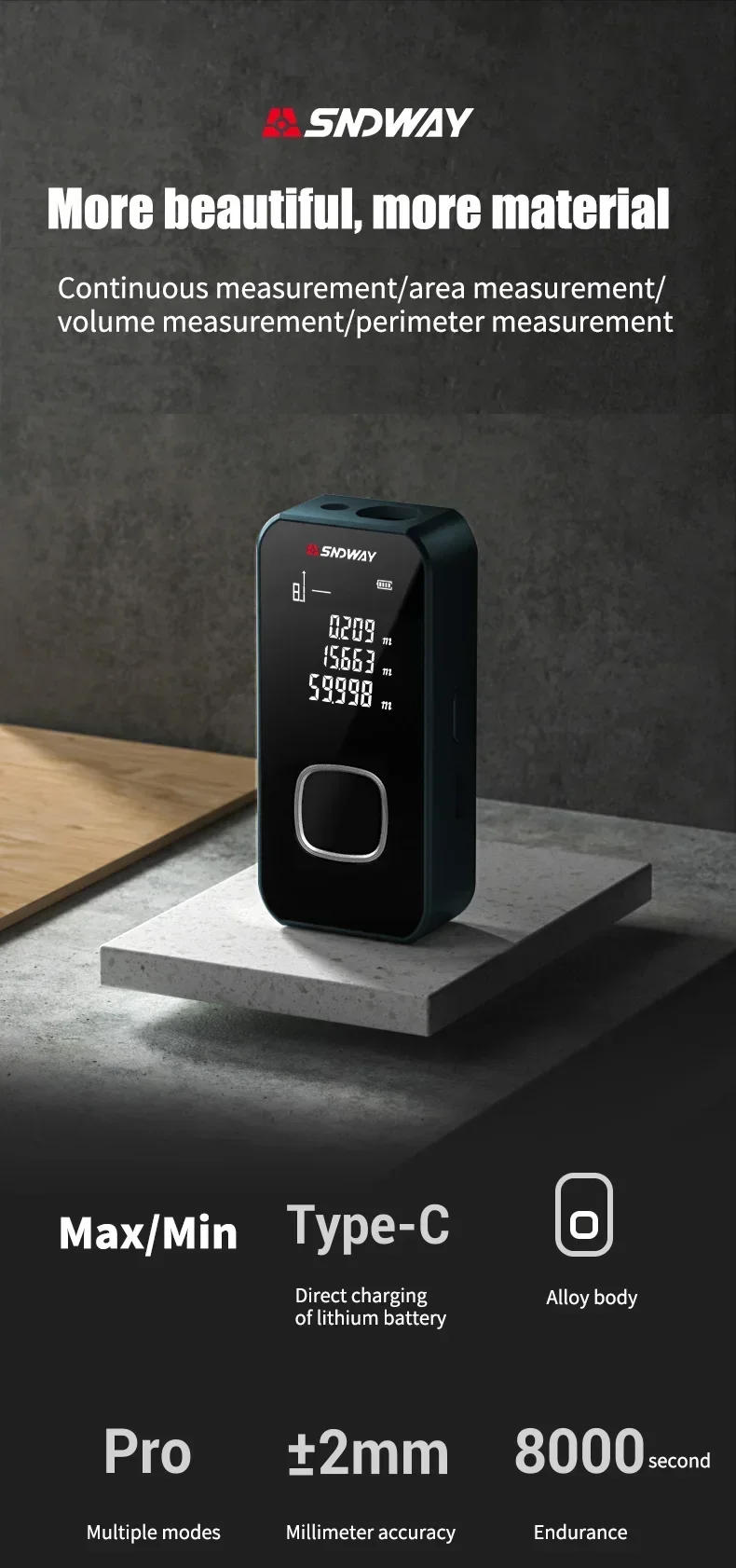 Description Picture 3 of itemMini Metal Laser Distance Meter 40M 50M 60M 100M IN FT M Tape Measure Trena Lazer Rangefinders OLED Display Construction Tools