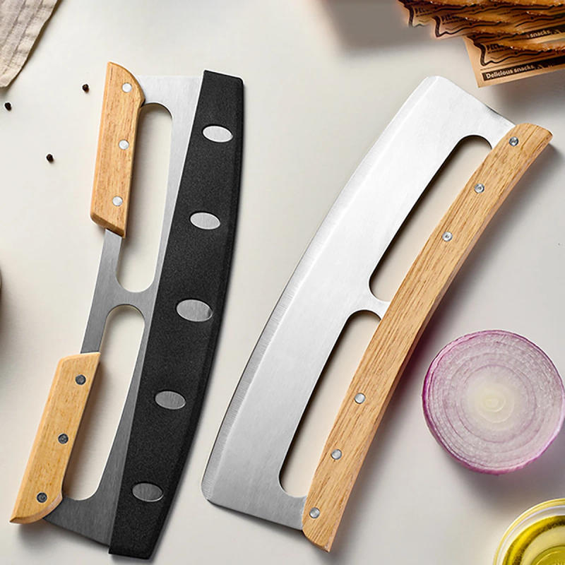 Description Picture 5 of itemWooden Handle Stainless Steel Pizza Cutter Pizza Rolling Knife with Protective Cover Half Round Pizza Knife Kitchen Baking Tools