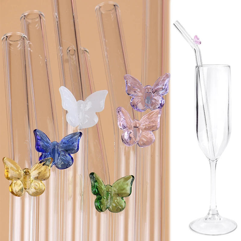 Description Picture 2 of itemReusable Butterfly Glass Straws Bar Tools For Smoothies Cocktails Tea Coffee Juicy Drinking Eco Friendly Drinkware with Brush