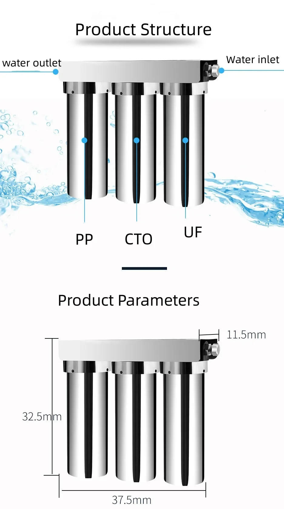 Description Picture 6 of itemDesktop Water Dispenser10 Inch 3 Stages Stainless Steel Water Purifier UF PP CTO Household Direct Drinking Prefilter Ultrafiltra