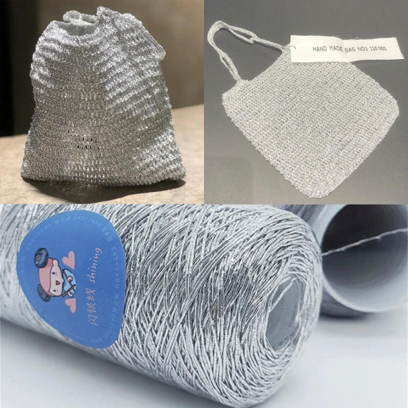 Description Picture 4 of itemNew Silver Handmade Yarn Popular Same Style Woven Small Silver Bag Woven Flash Core Wire Crochet Needle 200g 1 Ball Yarn