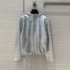 2025 New Spring Fashion Silver Coat Women Hooded Zipper Long Sleeve Plaid Pattern Streetwear Chic Jacket