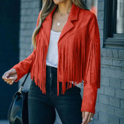 Womens Soild Short Fringe Jacket Long Sleeve Slim Tassel Lapel Coats Fashion Ladies Evening Party Cardigan Scrub Leather Jackets