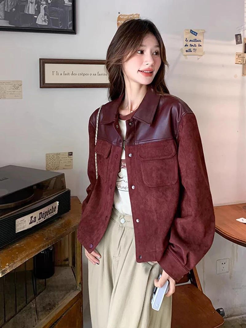 Description Picture 5 of itemJmprs Retro Streetwear Jackets Women Pu Patchwork American Coat Fall Winter Long Sleeve Harajuku Vintage Bf Burgundy Casual Tops