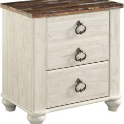 Design by Ashley Willowton Farmhouse 2 Drawer Nightstand with USB Charging Ports, Whitewash