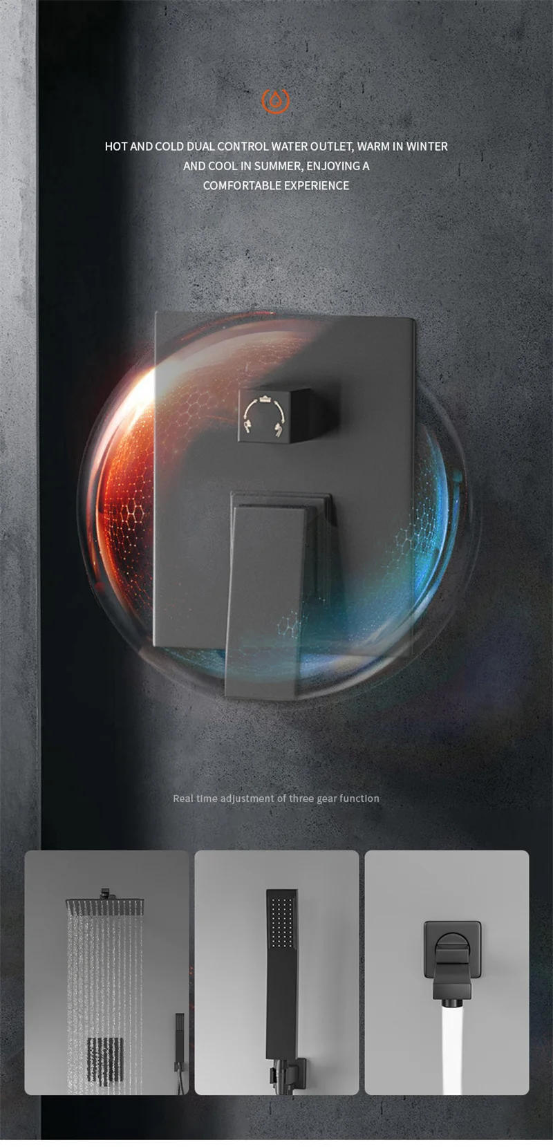 Description Picture 4 of itemBlack Bathroom Concealed Shower Set Modern Hot and Cold Embedde Wall-Mounted Shower System Home Rainfall Bathroom Shower Faucet