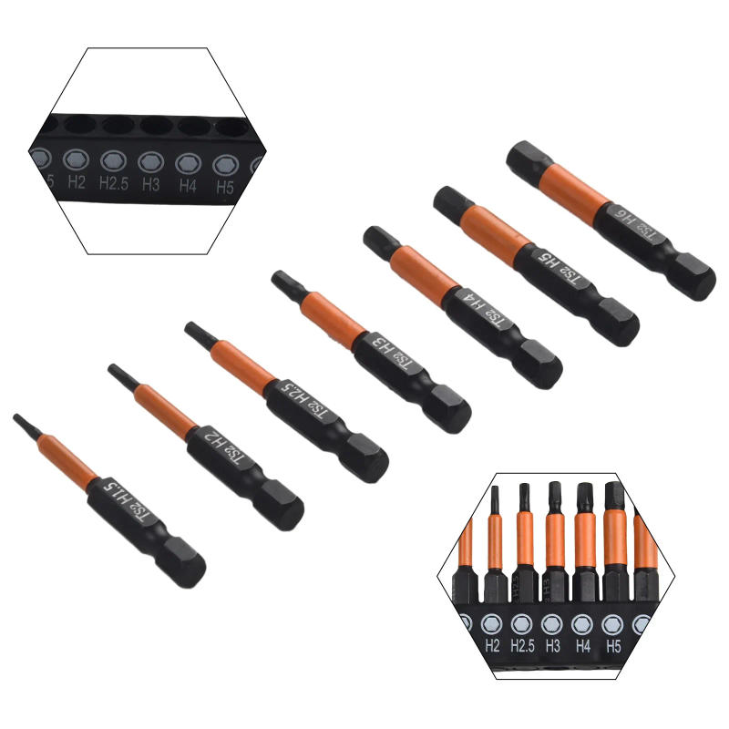Description Picture 3 of itemBit Set Screwdrivers 7* Drill H1.5-H6 H3 H4 50mm Length 6.35mm Shank Hex Head Wrench Magnetic Material 1/4 Shank