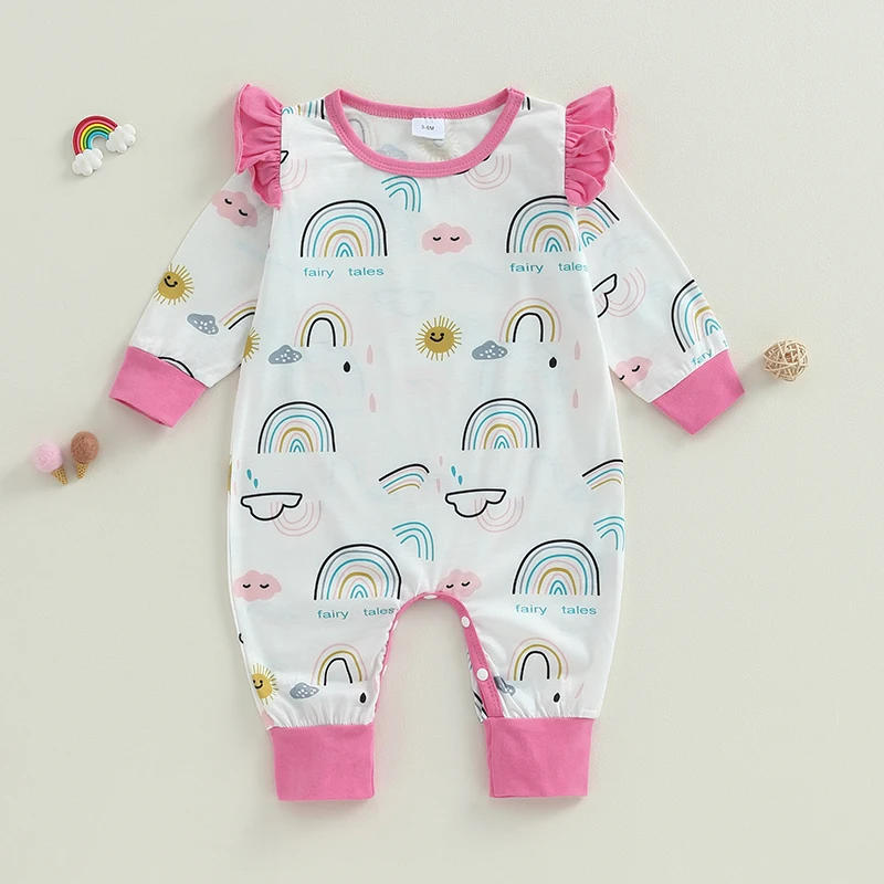 Description Picture 2 of itemBaby Boys Girls Fall Jumpsuit Cute Long Sleeve Round Neck Rainbow Print Romper Pants Pajamas
